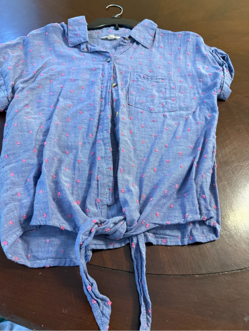Blue Tie-Front Crop Top with Pink Dot Embroidery